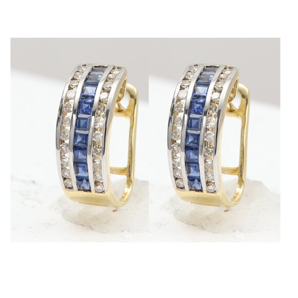 14k Gold Huggie Earrings with Natural Blue Sapphire and Diamonds - Picture 4 of 6